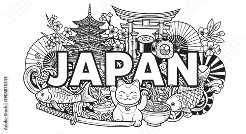Black and white doodle illustration showcasing iconic elements of Japan, including a pagoda, torii gate, lucky cat, and sushi, perfect for travel or cultural projects.