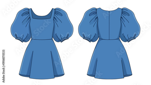 Technical flat drawing of a blue dress with puff sleeves and square neckline, showing front and back views for fashion design
