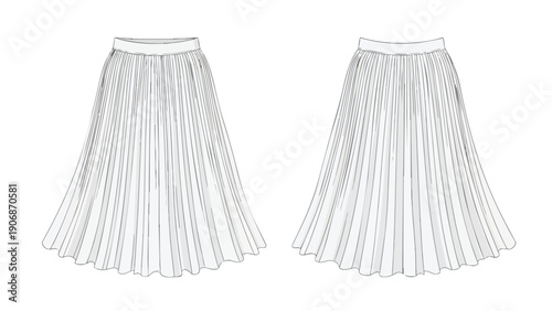 Elegant Pleated Skirt Technical Flat Fashion Drawing for Apparel Design and Documentation