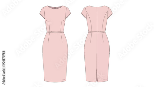 Elegant pink sheath dress technical flat drawing front and back views for fashion design production a detailed blueprint for apparel creation this