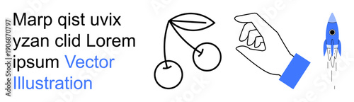 Food selection, space exploration, creativity, technology, minimalism, abstract concepts. Hand touching cherries, rocket icon with text. Food selection and space exploration conveyed