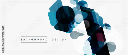 Abstract geometric shapes overlap, creating dynamic composition. Cool blues dominate with subtle burgundy accents on white backdrop.