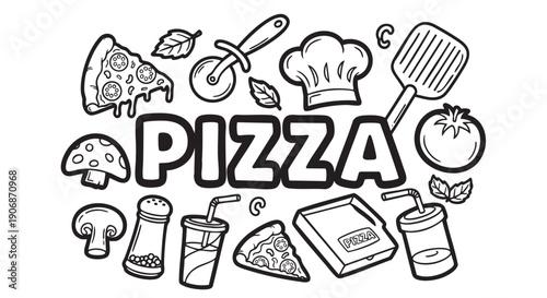 Black and white illustration features cartoon doodles like slices of pizza, box, mushroom, chef hat, drink around the text "pizza".  This image could be used for menus, flyers.