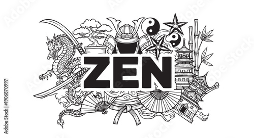 Black and white illustration showcasing Zen elements, including a dragon, samurai helmet, yin yang, and pagoda, creating a balanced, spiritual composition.