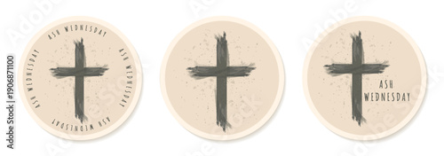 Ash Wednesday stickers set with cross and brush stroke texture vector illustration.