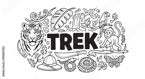 Black and white doodle illustration featuring a trek theme with tiger, jungle plants, safari hat, and various animals for adventure and outdoor concepts.