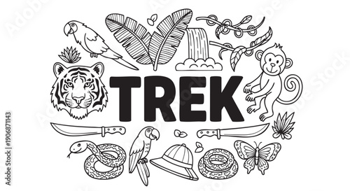 Whimsical black and white illustration of a jungle trek featuring a tiger, monkey, parrot, snake, and lush tropical plants, evoking adventure.