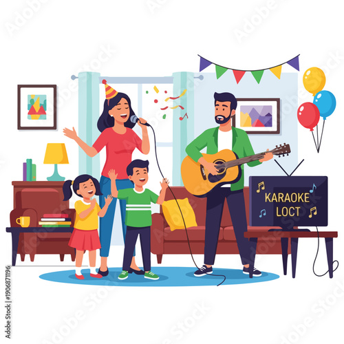 Family home party singing karaoke with a guitar and colorful decor