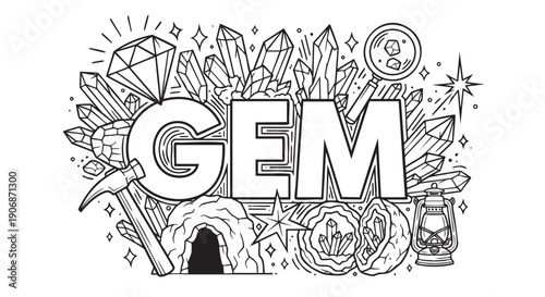A black and white line art illustration featuring the word GEM surrounded by diamonds, crystals, a mine entrance, tools, and other mining-related elements.