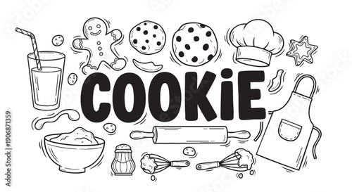 A black and white doodle style illustration of cookie baking elements, including cookies, ingredients, and baking tools, perfect for culinary and baking themed projects.