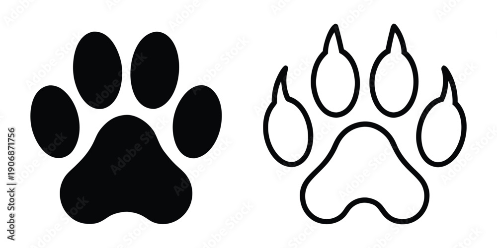 Fototapeta premium Animal paw print silhouette vector, Paw footprint icon, Different animal paw print vector illustration