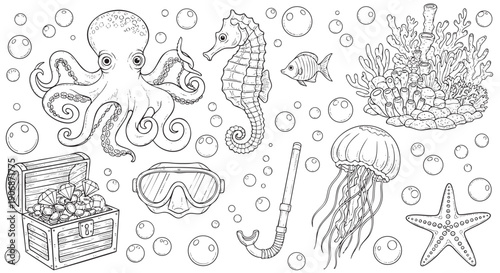 Black and white outlined sea life illustration includes coral, bubbles, octopus, seahorse, treasure chest, jellyfish, for marine-themed coloring pages and illustrations.