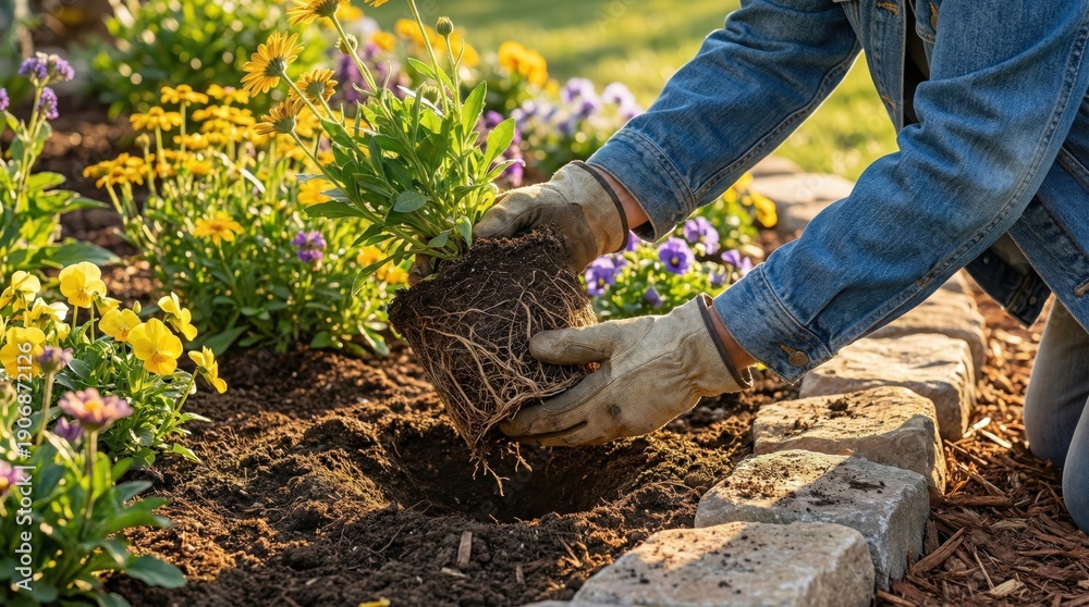 Naklejka premium Gardener planting blooming flowers into soil,close up of hands holding root ball,home garden landscaping,seasonal planting,eco friendly outdoor lifestyle concept