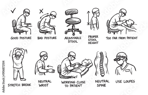 Ergonomics and posture for healthcare workers sketch diagram