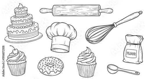 A collection of baking themed line drawings, including a cake, cupcakes, donut, rolling pin, whisk, flour bag, and chef's hat, perfect for coloring or design elements.