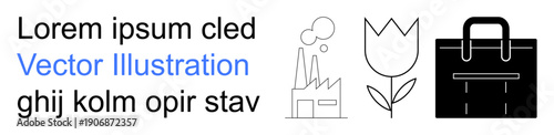 Business, environment, nature, industry, work, and growth. Minimalist icons a factory, tulip and briefcase alongside placeholder text. Business and environment theme concept