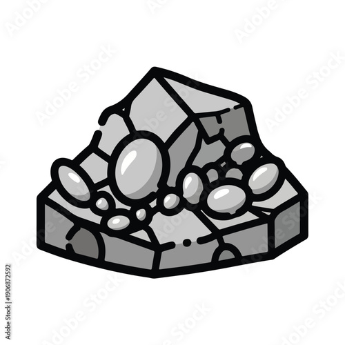 Illustration of gemstones embedded in a rock formation viewed from a three-quarter perspective showcasing precious stones in a geological setting