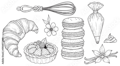 Detailed black and white drawing featuring a croissant, tart, macarons, pastry bag, and whisk, ideal for baking and patisserie designs.