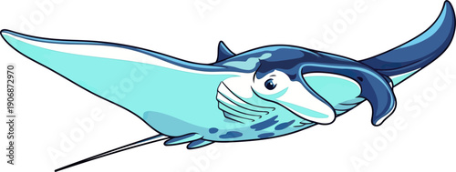 Blue manta ray gliding through deep ocean water