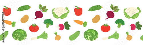 Colorful Vegetables on Horizontal Border Pattern on white background