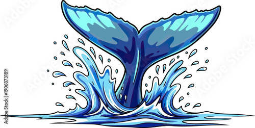 Blue whale tail fluke splashing in the ocean water