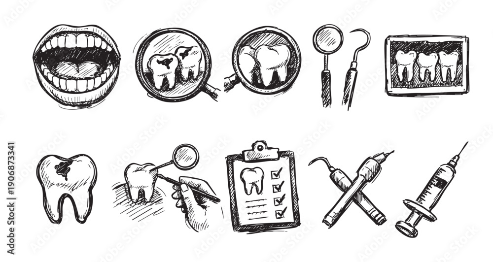 Obraz premium Black and white sketch illustration of various dental elements. Includes teeth, mouth, x-ray, syringe and instruments. Useful for dental health, clinic, or educational projects.