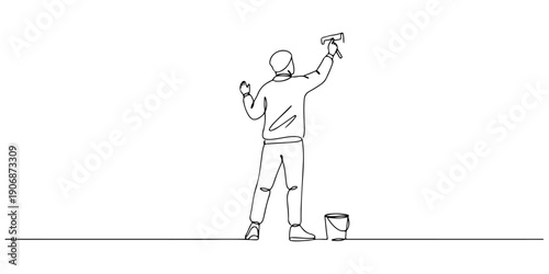 Continuous one line of a person painting street art on a wall, symbolizing creativity and urban expression, drawn illustration.