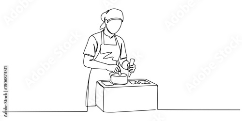 Continuous one line of a person making ice cream in a shop, symbolizing craftsmanship and joy, drawn illustration.