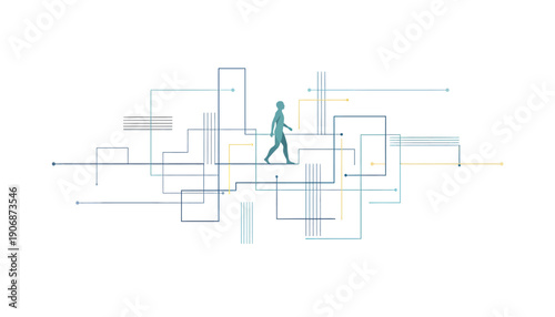 A silhouette of a person walks through a network of abstract lines and shapes, representing digital connection and pathways
