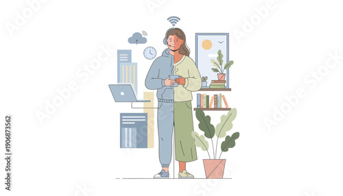 Balancing Professional Demands and Personal Comfort A Conceptual Illustration of Modern Work-Life Integration and Hybrid Lifestyle