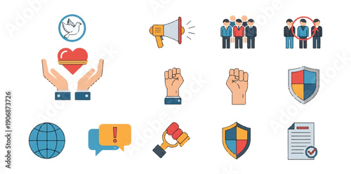 Icon set illustrating concepts of peace social responsibility and security