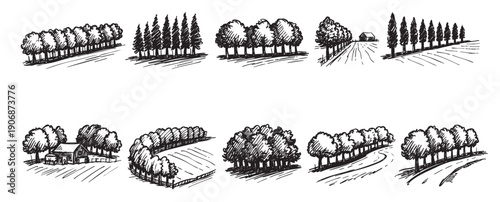 Hand-drawn black and white illustration featuring various rural landscapes with trees, fields, roads, and a barn, perfect for backgrounds, designs, or vintage projects.