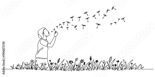 Continuous one line of a person blowing dandelion seeds in a field, symbolizing wishes and freedom, drawn illustration.