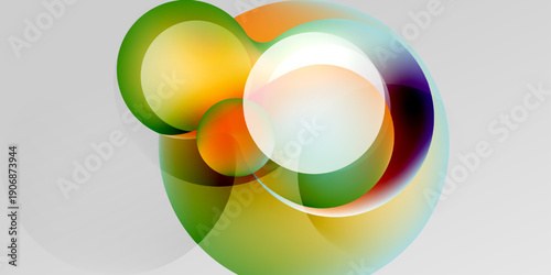 Abstract colorful circles overlap, creating vibrant translucent shapes. Gradient hues blend, forming dynamic visual composition.