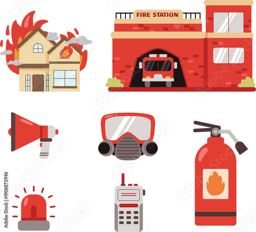 Fire Fighter Vector Illustration Collection with Fire Station