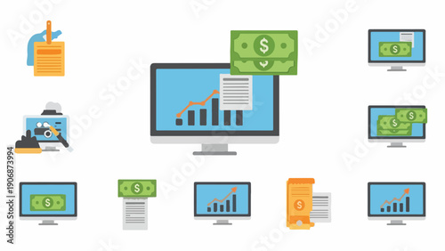 Financial theme illustrations featuring computers, charts, cash and paper elements