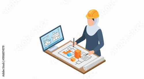 Isometric illustration of a female architect in hard hat and hijab, designing building blueprints with a laptop. Construction planning and engineering.