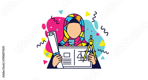Colorful flat design illustration of a Muslim woman architect holding blueprints and a compass, representing engineering, education, and professional design.