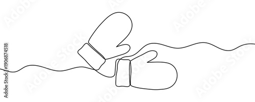 One continuous line of a pair of children's mittens on a string. Line art of warm gloves with cuffs. Drawing in one line style with a black stroke on a white background. Minimalist vector illustration