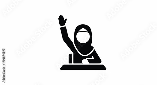 Muslim woman student wearing hijab raising hand in classroom, actively participating in education, asking question icon silhouette