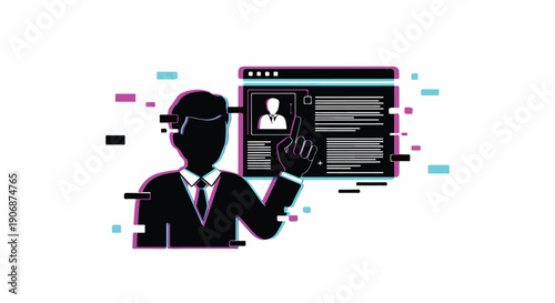 Modern digital identity and online profile management concept, featuring a silhouette user interacting with a web interface with stylish glitch effects.