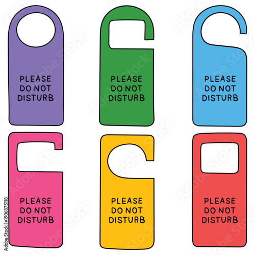 Hand-drawn cartoon set of please do not disturb colored door hangers on a white background.