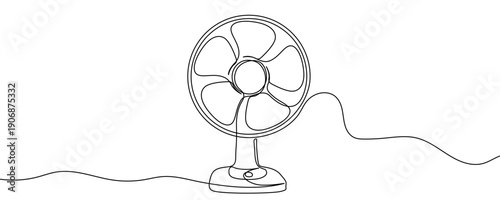 Desk fan in one line art style. Drawing of an appliance with editable black stroke on white background. Vector illustration.