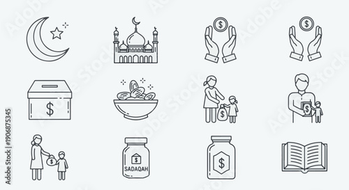 Illustrative icons for Ramadhan Kareem, depicting religious practices, charity, community support, and spiritual devotion during the holy month