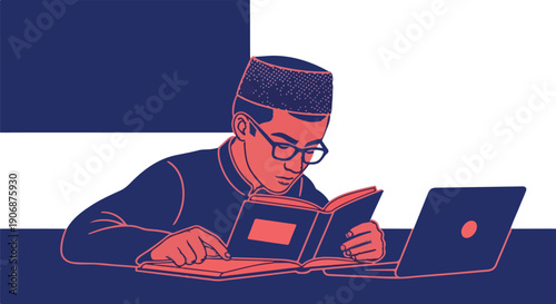 Young Muslim man wearing a kufi cap studying a book and laptop, representing education and modern learning in Islamic culture
