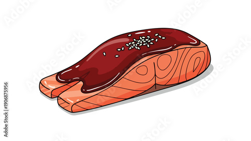 Vibrant hand-drawn salmon nigiri artwork with glossy, savory dark sauce and delicate white sesame seeds. Perfect for various modern food-themed