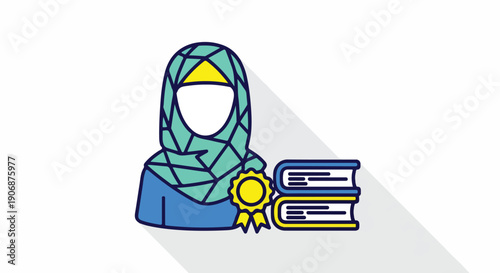 Muslim Woman with Hijab, Award Ribbon, and Stack of Books, Representing Education, Achievement, and Knowledge