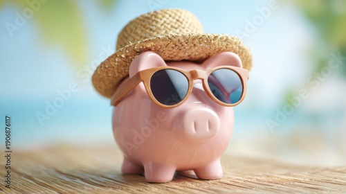 Pink piggy bank wearing straw hat and sunglasses on tropical beach.
