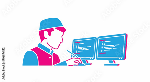 Muslim programmer coding on dual monitors, wearing a kufi cap, symbolizing technology and Islamic culture in the digital age.