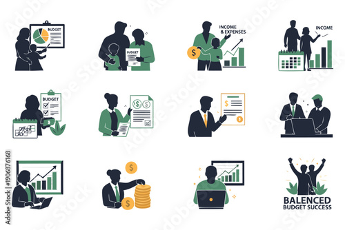 Illustrated collection of budget and financial planning concepts with diverse characters managing income expenses and savings